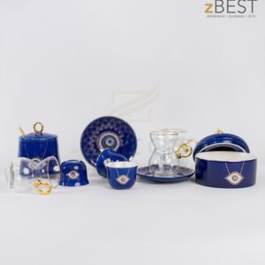 Tea and coffee cups with sugar pot blue 19pcs