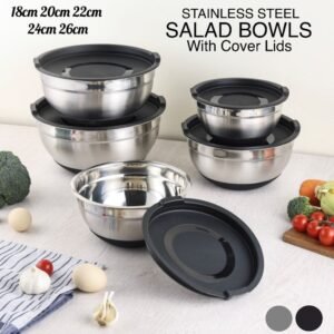 5-Pieces Stainless Steel Salad Bowl with Lid 18/20/22/24/26 cm Set